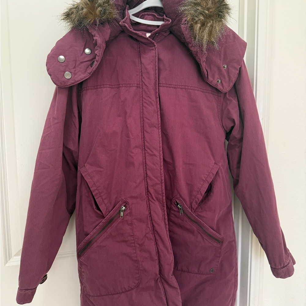 Urban Outfitters Burgundy Hooded Puffer Parka with Faux Fur Trim
